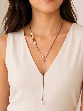 Long Black Cord Lariat Necklace Faux Pearl Amber Bead Gold Tone Boho